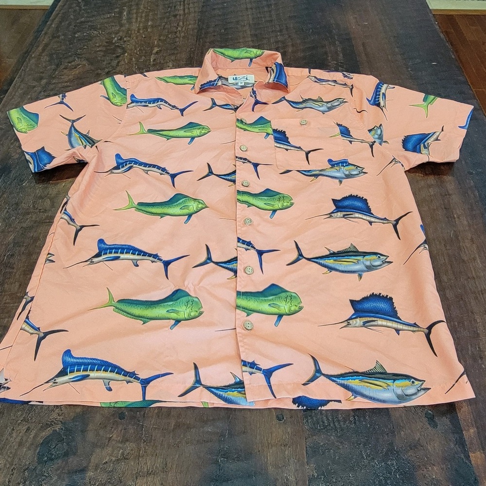 Uzzi‎ Amphibious Gear Hawaiian Shirt Mens Medium Pink Button Up Short Sleeve